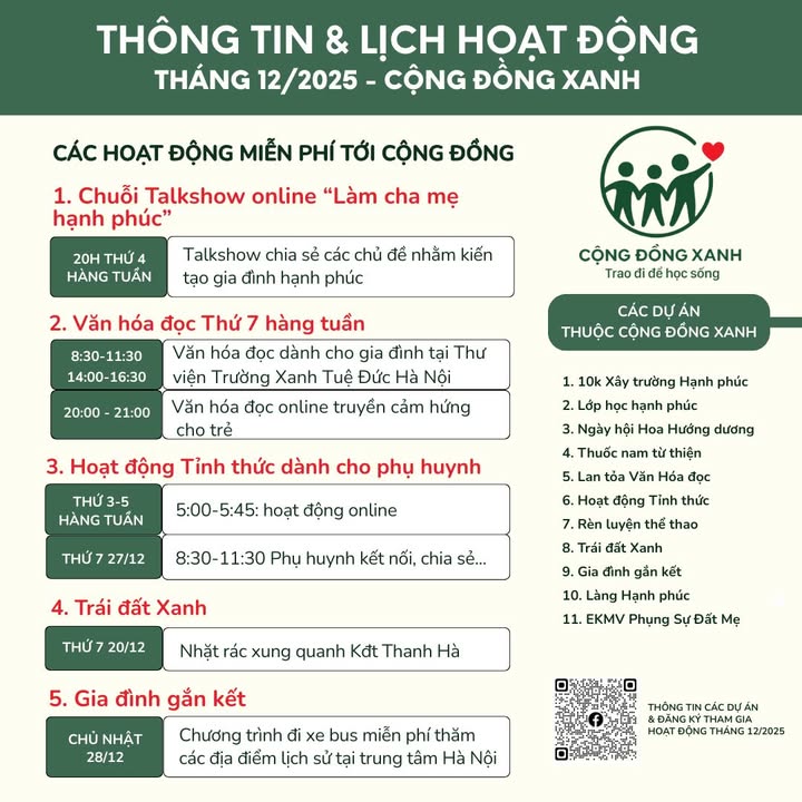 🌷🌷 THÔNG BÁO LỊCH HOẠT ĐỘNG CỦA CỘNG ĐỒNG XANH THÁNG 12/2025
