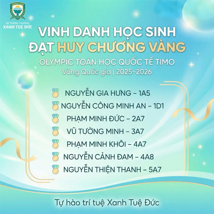 🌟 CHÚC MỪNG HỌC SINH TRƯỜNG XANH TUỆ ĐỨC CHINH PHỤC KỲ THI OLYMPIC TOÁN HỌC QUỐC TẾ TIMO VỚI 53 GIẢI THƯỞNG 🌟