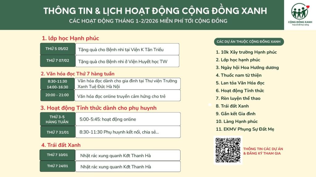 🌷🌷 THÔNG BÁO LỊCH HOẠT ĐỘNG CỦA CỘNG ĐỒNG XANH THÁNG 1-2/2026