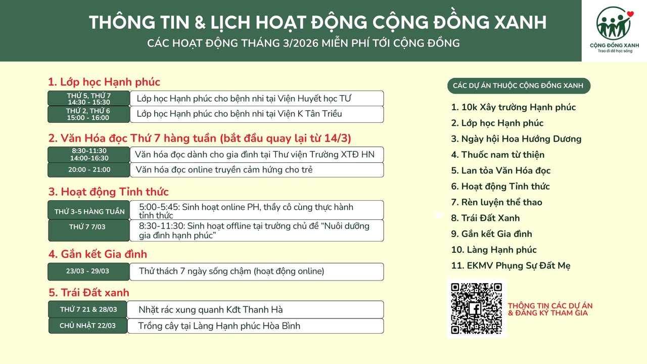 🌷🌷 THÔNG BÁO LỊCH HOẠT ĐỘNG CỦA CỘNG ĐỒNG XANH THÁNG 03/2026