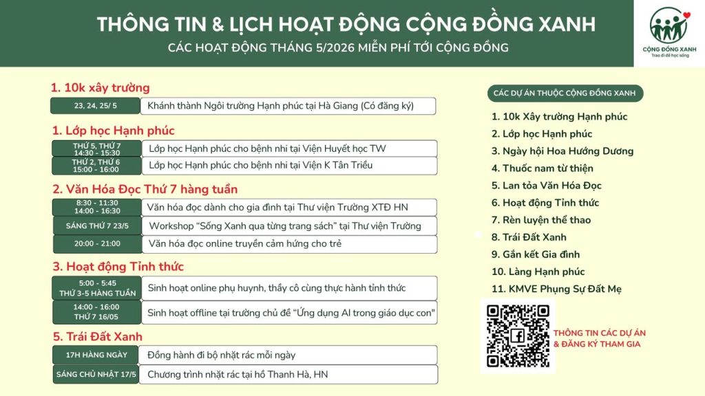 🌷🌷 THÔNG BÁO LỊCH HOẠT ĐỘNG CỦA CỘNG ĐỒNG XANH THÁNG 05/2026